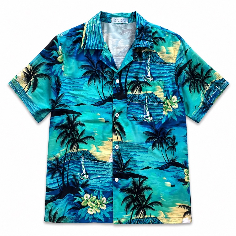 Men's Medium Tropical Sailboat & Palm Tree Print Short Sleeve Shirt - Teal Blue